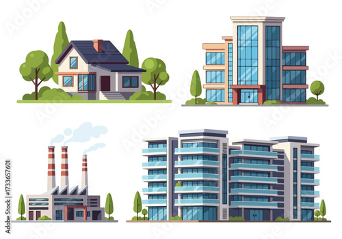 set of Flat style illustration of different building types including house, office, apartment complex, and factory, representing urban infrastructure, residential living, industry, and architecture