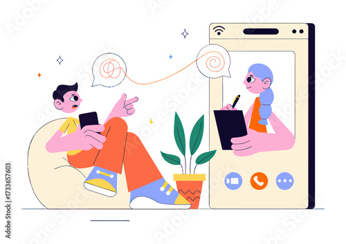 Young man receiving online therapy session on his phone, finding mental clarity and emotional support through virtual connection and guidance