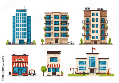 set of Flat style illustration of different urban buildings including office tower, apartments, cafe, and school, representing city lifestyle, education, business, and community infrastructure