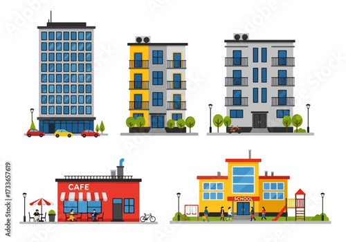 set of Flat style illustration of different urban buildings including office tower, apartments, cafe, and school, representing city lifestyle, education, business, and community infrastructure