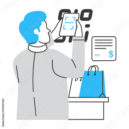 Excited shopper scans QR code on phone for seamless checkout, completing a modern retail experience with shopping bag and receipt nearby
