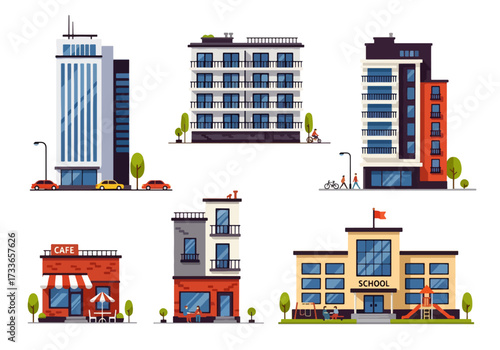 set of Flat style illustration of different urban buildings including office tower, apartments, cafe, and school, representing city lifestyle, education, business, and community infrastructure