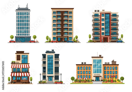 set of Flat style illustration of different urban buildings including office tower, apartments, cafe, and school, representing city lifestyle, education, business, and community infrastructure