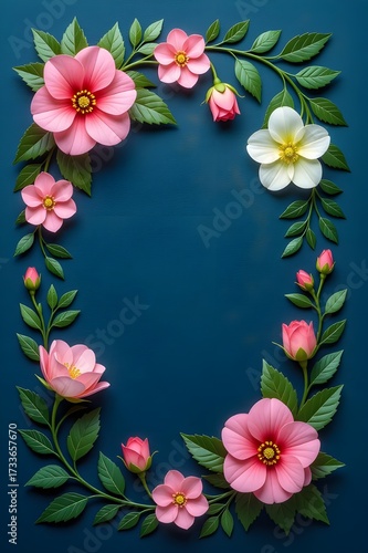 Elegant blank card template with pink roses and floral frame for wedding invitation, greeting, or announcement