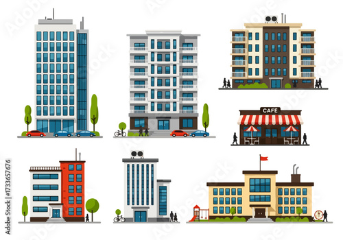 set of Flat style illustration of different urban buildings including office tower, apartments, cafe, and school, representing city lifestyle, education, business, and community infrastructure