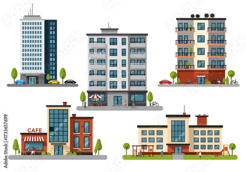 set of Flat style illustration of different urban buildings including office tower, apartments, cafe, and school, representing city lifestyle, education, business, and community infrastructure