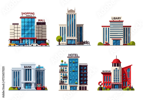 set of Flat style illustration of various urban buildings including shopping mall, apartment, bank, hotel, office, and museum, representing city infrastructure, business, tourism, and public services