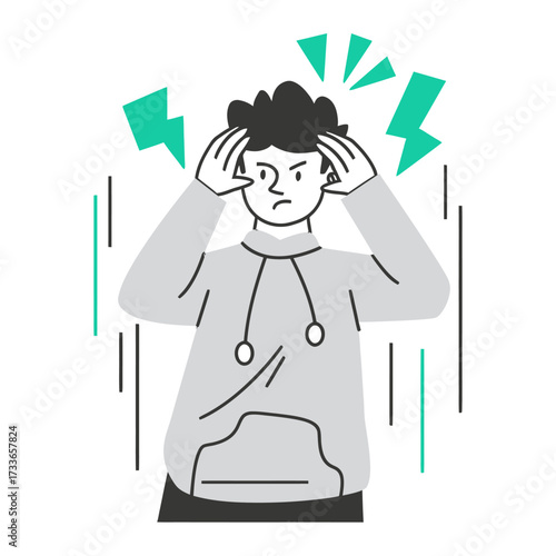 Young person overwhelmed with stress and anxiety, hands on head, feeling pressure from challenging thoughts and intense emotions, symbolizing mental struggle and burnout