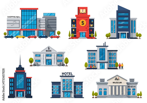 set of Flat style illustration of various urban buildings including shopping mall, apartment, bank, hotel, office, and museum, representing city infrastructure, business, tourism, and public services