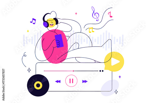 Joyful person with headphones immersed in vibrant music streaming, enjoying audio waves and creative sound visualization with a smartphone and record player elements