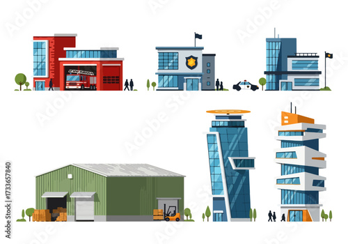 set of Flat style illustration of different public and commercial buildings including offices, warehouse, fire station, police station, and emergency services, representing city infrastructure