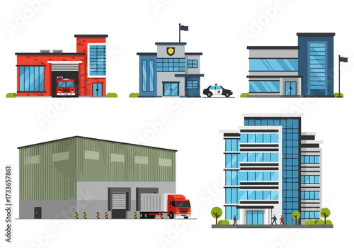 set of Flat style illustration of different public and commercial buildings including offices, warehouse, fire station, police station, and emergency services, representing city infrastructure