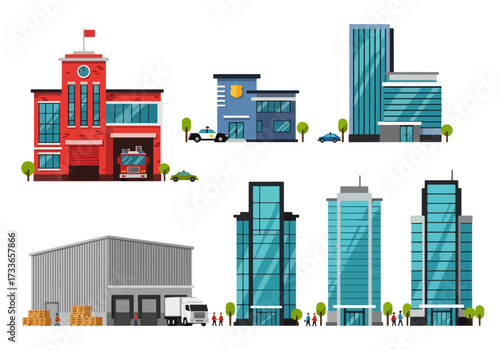 set of Flat style illustration of different public and commercial buildings including offices, warehouse, fire station, police station, and emergency services, representing city infrastructure