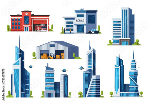 set of Flat style illustration of different public and commercial buildings including offices, warehouse, fire station, police station, and emergency services, representing city infrastructure