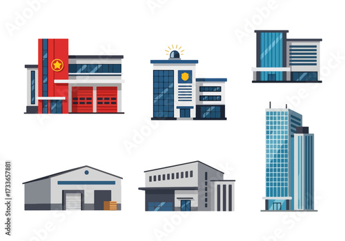 set of Flat style illustration of different public and commercial buildings including offices, warehouse, fire station, police station, and emergency services, representing city infrastructure