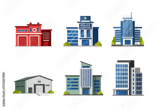 set of Flat style illustration of different public and commercial buildings including offices, warehouse, fire station, police station, and emergency services, representing city infrastructure
