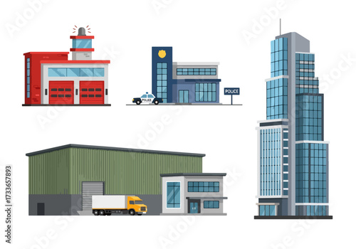 set of Flat style illustration of different public and commercial buildings including offices, warehouse, fire station, police station, and emergency services, representing city infrastructure