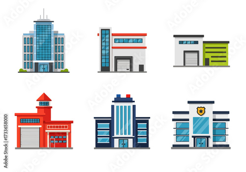 set of Flat style illustration of different public and commercial buildings including offices, warehouse, fire station, police station, and emergency services, representing city infrastructure