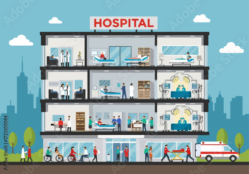 Flat style illustration of a modern hospital building with doctors, patients, surgery rooms, and ambulance service, representing healthcare, medical treatment, emergency care, and wellness support.