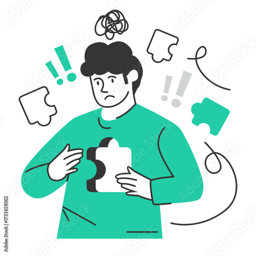 Confused person struggling with missing puzzle piece and overwhelming thoughts, symbolizing mental challenge and problem-solving frustration in a modern abstract style