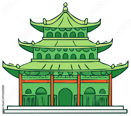 Green Asian Building Pagoda with Multiple Stories and Colorful Accents Artful Depiction