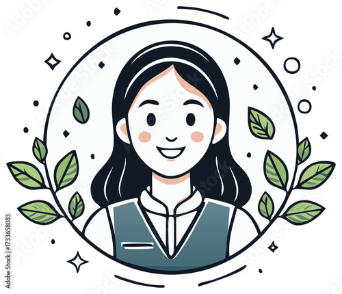 Smiling woman surrounded by botanical elements, vector illustration