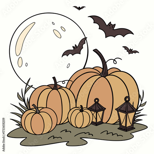 Halloween pumpkins, lanterns, and bats under a large moon