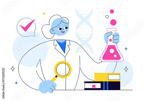 Curious scientist exploring DNA and conducting experiments with magnifying glass and flask for breakthrough discoveries, inspiring innovation and research