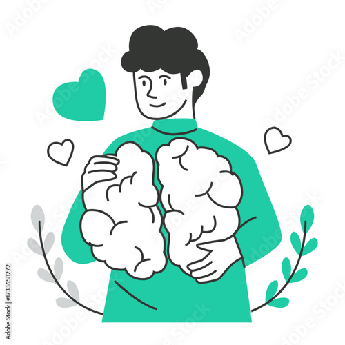 Empathetic person embracing abstract representation of lungs symbolizing health wellbeing and care with subtle heart icons and botanical elements