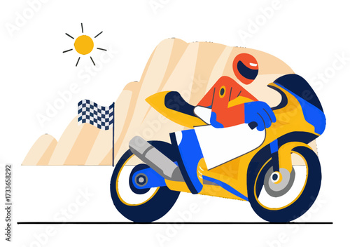 Dynamic motorcycle racer speeds towards checkered flag victory under a vibrant sun with stylized desert mountains creating an exciting backdrop for extreme sports and adventure