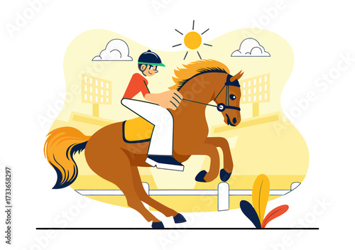 Dynamic equestrian athlete gracefully jumping a horse over an obstacle in a vibrant competition setting under a bright sun
