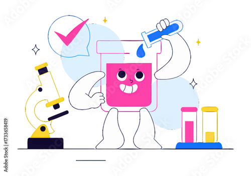 Curious character experiments with science, mixing liquids in a lab with microscope and test tubes, sparking innovation and discovery for educational projects