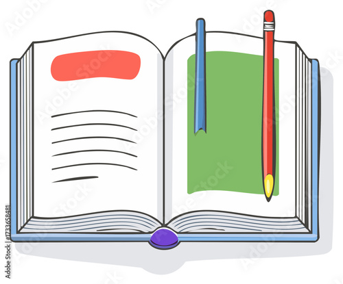 Open Book with Bookmark and Pencil Illustration: Reading, Education, Writing, and Study Concept