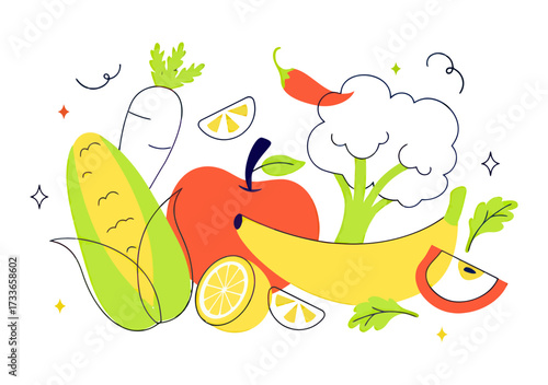 Vibrant and fresh collection of colorful fruits and vegetables arranged in a lively composition, perfect for healthy eating and lifestyle themes