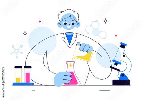 Joyful scientist conducts vibrant experiment with beakers, flasks, and microscope, surrounded by molecular structures and glowing orbs, symbolizing discovery and innovation.