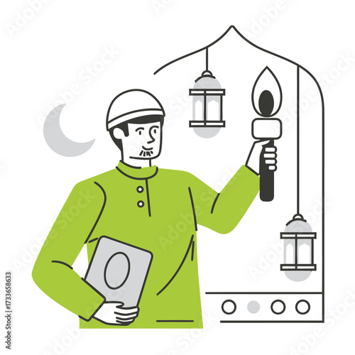 Man holding Quran and torch under Ramadan lanterns and crescent moon, symbolizing faith, guidance, and celebration of Islamic holy month during nighttime