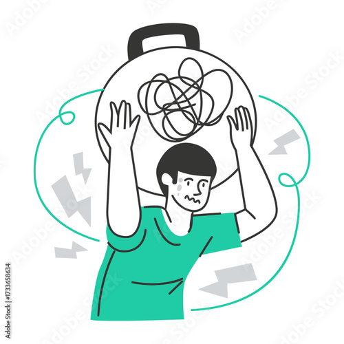 Struggling individual carrying immense mental burden and feeling overwhelmed by complex thoughts and emotional distress with surrounding chaotic energy and stress.