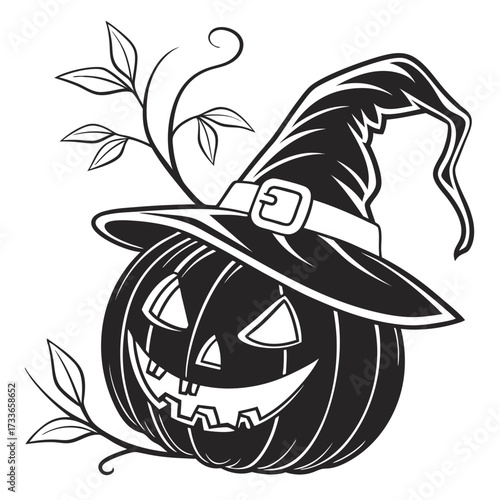 Happy Halloween Jack O Lantern with Witch Hat and Vines