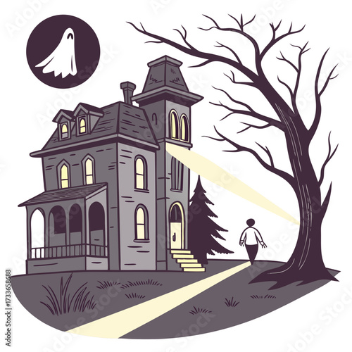 Haunted house with a lone figure approaching halloween