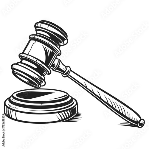 High contrast black and white illustration of a judge's gavel and sound block
