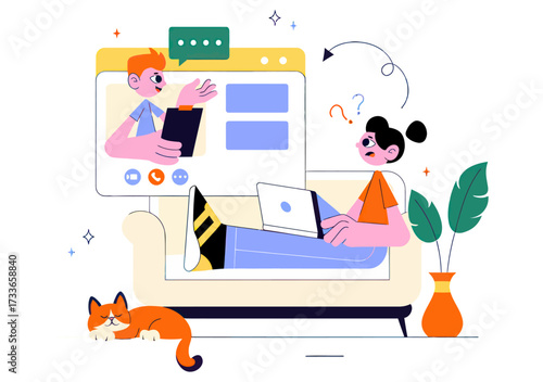 Young person confidently video conferencing with a colleague while relaxing on a couch with their laptop and a sleeping cat nearby, symbolizing modern remote work and digital communication.