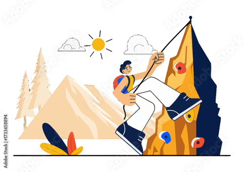 Dynamic climber conquers rocky peak, symbolizing ambition, adventure, and achieving challenging goals with vibrant illustration style and sunny day setting