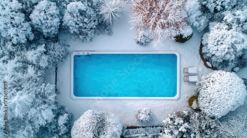 Aerial Perspective of Snow Covered Garden with Blue Rectangular Swimming Pool and Frosty Shrubs During Wintertime