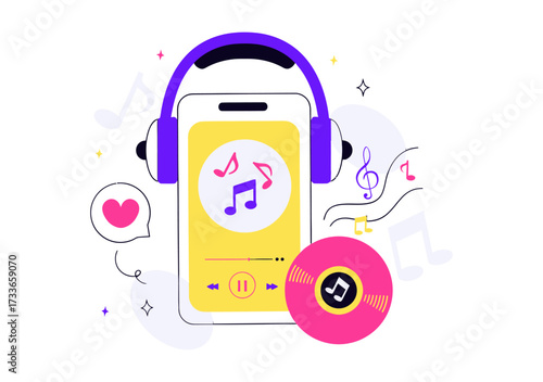 Immerse yourself in vibrant soundscapes with this dynamic music player graphic featuring headphones, a smartphone interface, and playful musical notes, perfect for digital content.