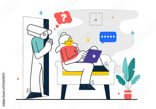 Curious security camera observes thoughtful woman working on laptop at home, contemplating ideas with question mark and chat bubble communication icons