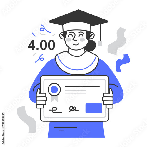 Excited graduate proudly holding diploma with 4.0 GPA and confetti celebrating academic achievement and success