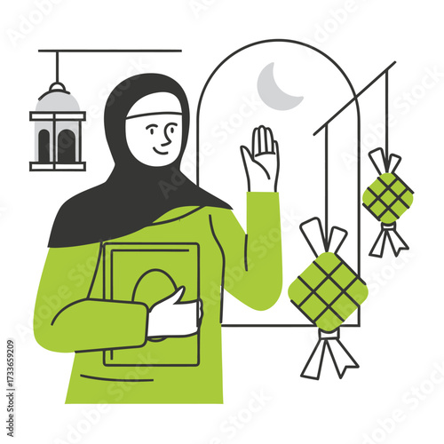 Joyful Muslim woman in hijab celebrates Ramadan traditions holding Quran with crescent moon and decorative ketupat lanterns visible nearby creating a festive atmosphere