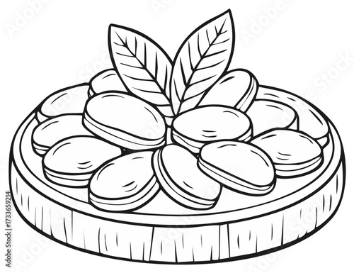 A simple line drawing illustration of shelled pistachios or beans served on a platter with a leaf garnish