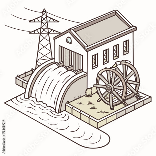 Isometric Hydroelectric Power Plant with Water Wheels