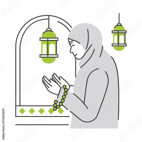 Serene Muslim woman in hijab praying with hands raised, illuminated by traditional lanterns, embodying faith and devotion during Ramadan or Eid celebrations.